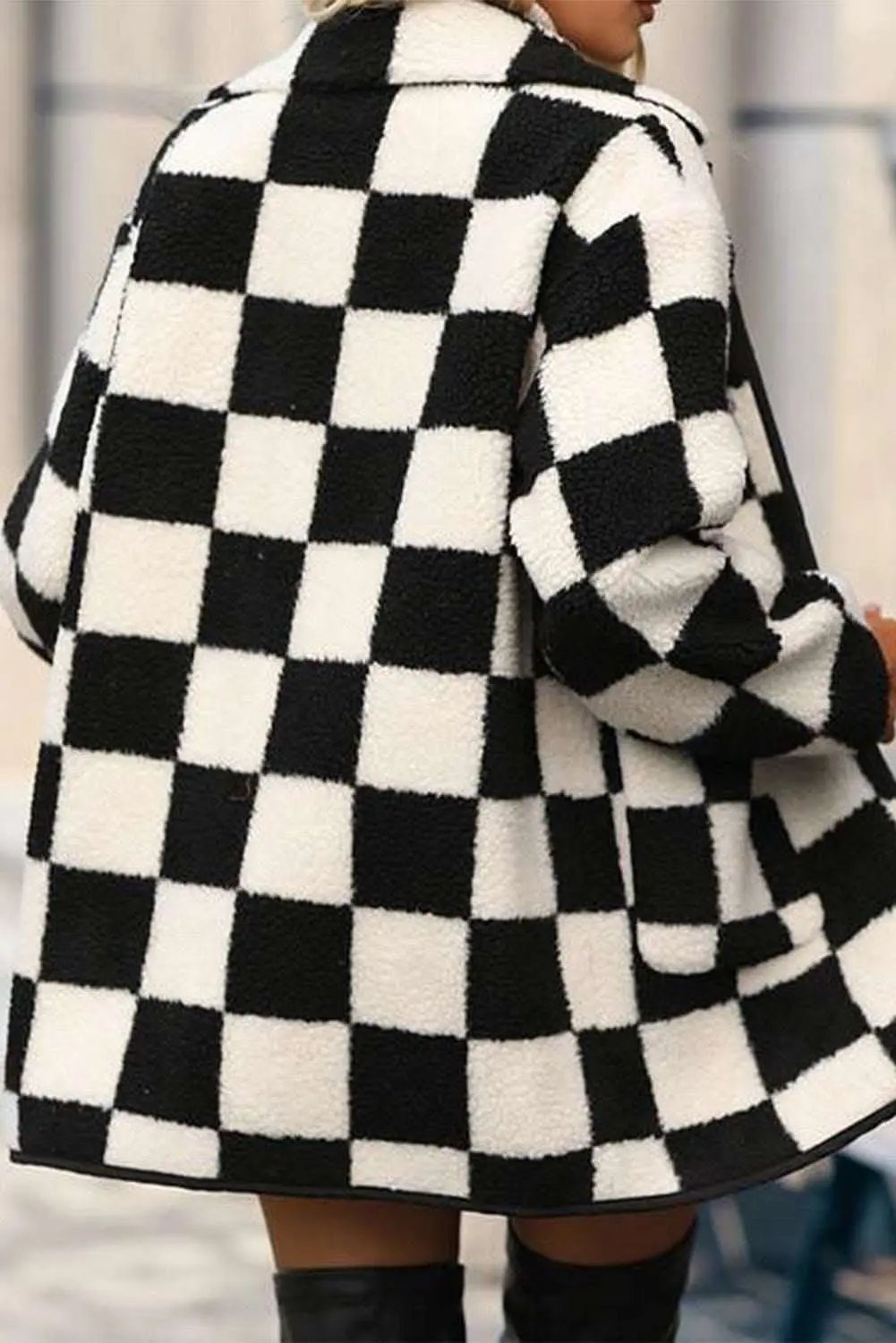Black Checkered Side Pockets Collared Buttoned Fleece Jacket - Love Salve